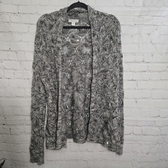 Coldwater Creek Sweaters - Coldwater Creek Sequin Lace‎ Cardigan MOHAIR Sweater Open Front Knit Gray Sz L